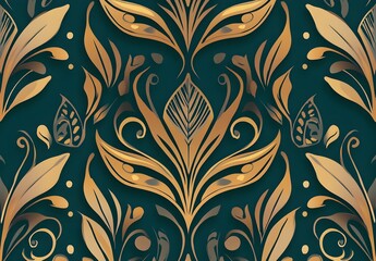 Wall Mural - Gold Floral Pattern on Teal Background