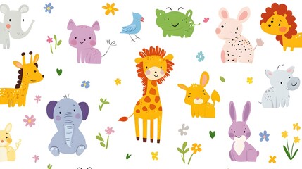 Wall Mural - Cute Animal Cartoon Seamless Pattern