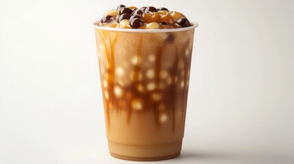 Poster - A high-angle shot of a cup of freshly made brown sugar bubble tea, the caramel swirls and tapioca pearls standing out against a simple white background.