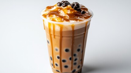 Poster - A high-angle shot of a cup of freshly made brown sugar bubble tea, the caramel swirls and tapioca pearls standing out against a simple white background.