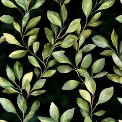 Poster - Seamless Watercolor Pattern with Green Leaves on Black Background