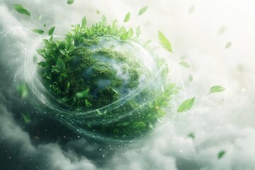 Wall Mural - ethereal green earth floating in space enveloped by a canopy of lush trees surreal ecofriendly conce