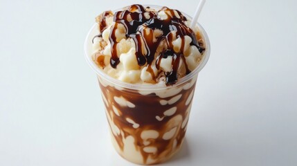Poster - A high-angle shot of a cup of freshly made brown sugar bubble tea, the caramel swirls and tapioca pearls standing out against a simple white background.