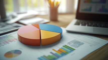Aufkleber - A high-angle view of a 3D pie chart with labeled segments, placed on a desk alongside business documents and a laptop, symbolizing data analysis in a corporate setting.