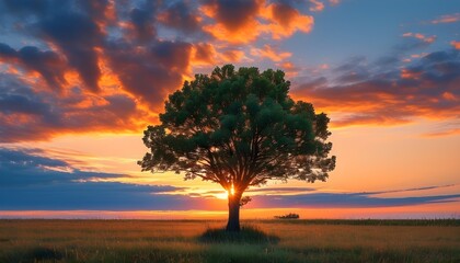 Serene sunset landscape featuring a solitary tree amidst a field under a vibrant orange and blue sky