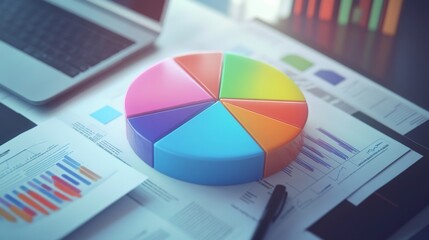 Leinwandbilder - A high-angle view of a 3D pie chart with labeled segments, placed on a desk alongside business documents and a laptop, symbolizing data analysis in a corporate setting.