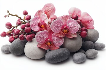 A bunch of pink and white flowers are on top of a pile of rocks. The flowers are arranged in a way that they are not overlapping each other, and they are placed in the center of the rocks