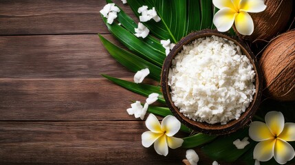 Coconut flakes in wooden bowl closeup view