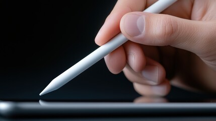 Canvas Print - A hand holding a pen on top of an tablet computer, AI