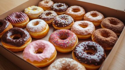 Poster - A high-angle view of a box of assorted donuts with an open lid, showcasing a mix of flavors and designs, perfect for a morning treat.