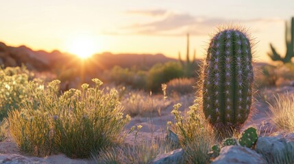 Cactus in the desert at sunrise