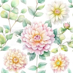 Sticker - Watercolor floral pattern with pink dahlias and eucalyptus leaves