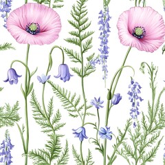 Poster - Watercolor seamless pattern with pink poppy and blue flowers