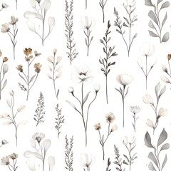 Poster - Watercolor Seamless Pattern with Black and White Flowers