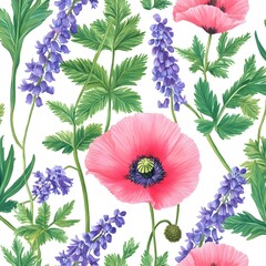 Canvas Print - Pink Poppy and Blue Flower Seamless Pattern