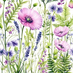 Canvas Print - Watercolor Wildflowers Seamless Pattern