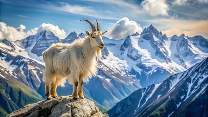 Wall Mural - Majestic mountain goat stands proudly atop a rugged, snow-capped peak, its shaggy white coat and curved horns set against a breathtaking alpine landscape backdrop.