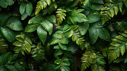 Wall Mural - Lush Green Leaves with Water Drops - Nature Photography