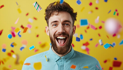 A joyful man celebrating with colorful confetti against a bright yellow background