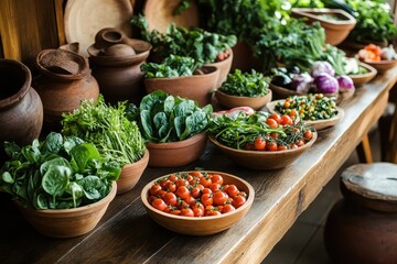 A rustic display of fresh vegetables and herbs in clay bowls on a wooden table.