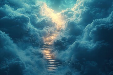 ethereal stairway ascending through clouds towards heavenly light spiritual concept blending reality and divine imagery symbolizing faith and transcendence