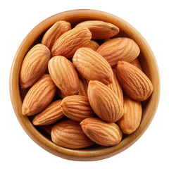 A close-up view of fresh almonds in a wooden bow isolated on a white background, transparent background.