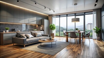 Modern studio flat interior with sleek grey walls, minimalist decor, wooden floor, and floor-to-ceiling windows flooding the space with natural light.