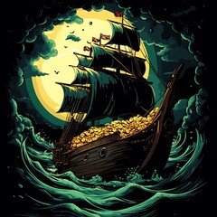 Wall Mural - Treasure Ship Sailing Under a Full Moon.