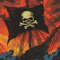 Wall Mural - Pirate Ship with Skull and Crossbones Flag Sailing on a Stormy Sea.