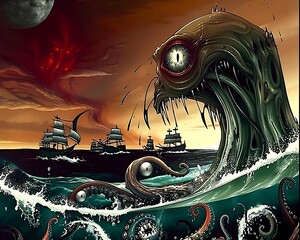 Wall Mural - painting of a giant octopus attacking a ship in the ocean