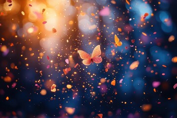 explosion of colorful confetti against blurred background vibrant particles frozen in midair celebratory atmosphere suggestion of movement bokeh lights add depth and festivity