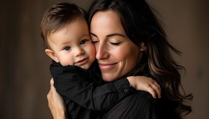 Sticker - Heartwarming embrace between a mother and her baby in a black shirt