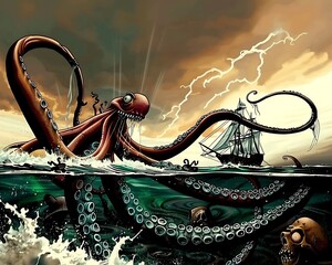 Wall Mural - octopus attacking a ship in the ocean with a ship in the background