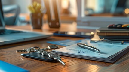 Poster - A desk with a laptop, a pen, and a key on it