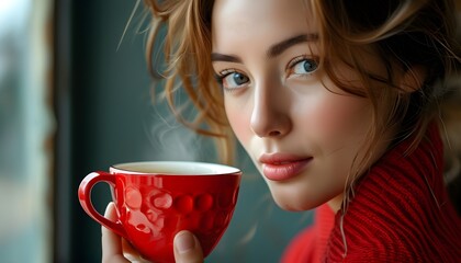 Charming Woman Enjoying a Red Coffee Cup Surrounded by Artistic Elements, Embracing Relaxed Morning Vibes in a Close-Up Portrait