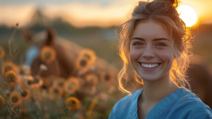 Wall Mural - A woman with long hair is smiling in front of a field of flowers