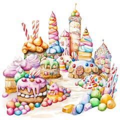 Poster - Watercolor illustration of a whimsical candy town made of cakes and sweets.