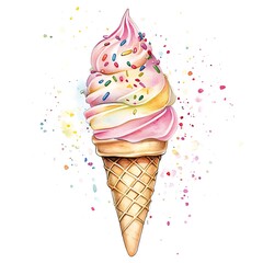 Poster - Watercolor Illustration of a Colorful Ice Cream Cone with Sprinkles and Splattered Paint.