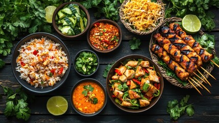 Wall Mural - 1. A colorful spread of traditional Thai dishes on a rustic wooden table, featuring spicy papaya salad, grilled chicken skewers, and sticky rice served in small woven baskets, with fresh herbs and