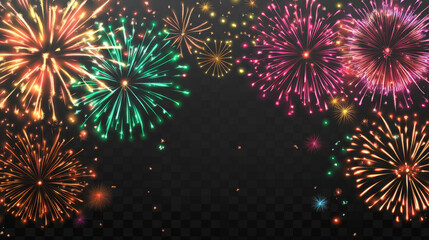  Perfect for a celebration card or festival banner.” Vector decorative border with colorful exploding fireworks in the sky, set against a transparent background. 