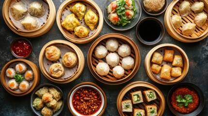 4. A top-down view of a table filled with Chinese dim sum, including dumplings, buns, and rice rolls, served in traditional bamboo steamers with dipping sauces on the side.