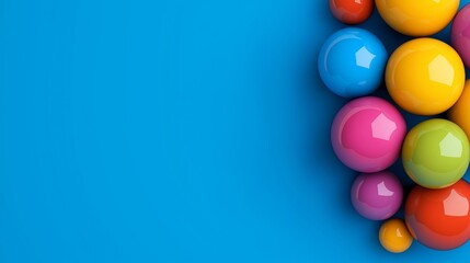 Poster - A blue background with a bunch of colorful balls on it. The balls are of different colors and sizes, and they are arranged in a way that creates a sense of movement and energy
