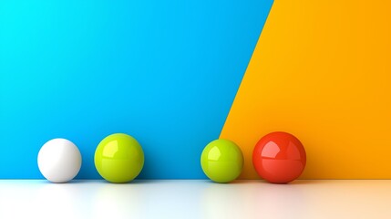Poster - A wall with four balls of different colors and sizes. The wall is blue and orange. The balls are arranged in a row, with the green one in the middle and the red one on the right