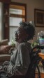 © decorator - Heartwarming portrait of a joyful black woman in a wheelchair, embracing life in a cozy room