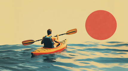 Wall Mural - Vintage poster design vector illustration of a man kayaking in water