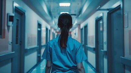 Aufkleber - A woman in a blue scrubs walks down a hallway