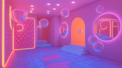 Sticker - Futuristic Interior Design with Neon Lights and Geometric Shapes.