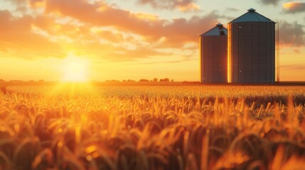 Poster - Two large silos are in a field with the sun setting behind them