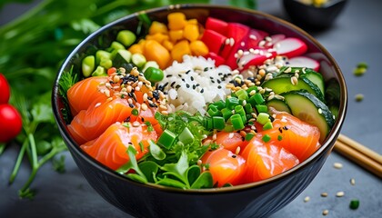 Wall Mural - Colorful and Nutritious Poke Bowl Featuring Fresh Salmon, Rice, Vegetables, and Flavorful Toppings for a Healthy Meal