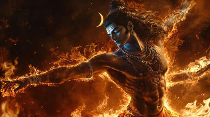 Shiva dancing the Tandava, surrounded by flames, with a blue neck and a crescent moon on his forehead